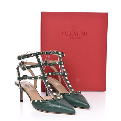 Valentino Garavani Pebbled Calfskin Rockstud Ankle Strap 65mm Pumps 37.5 English Green 11 of 11
