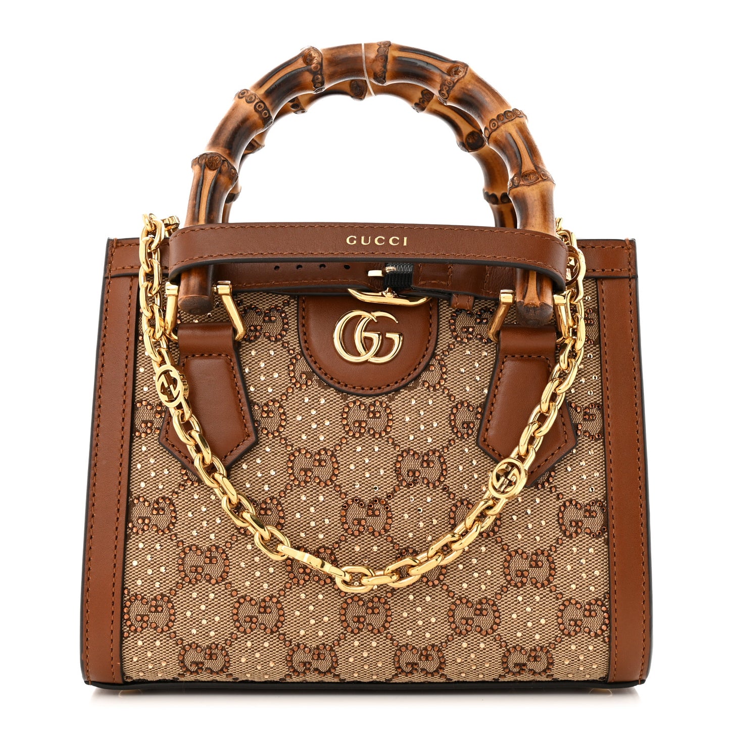 New Canvas Charisma Calfskin Crystal GG Monogram Mini Diana Tote Bag Camel Ebony