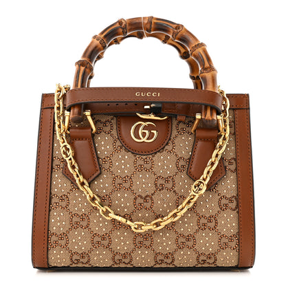 Gucci New Canvas Charisma Calfskin Crystal GG Monogram Mini Diana Tote Bag Camel Ebony 1 of 13