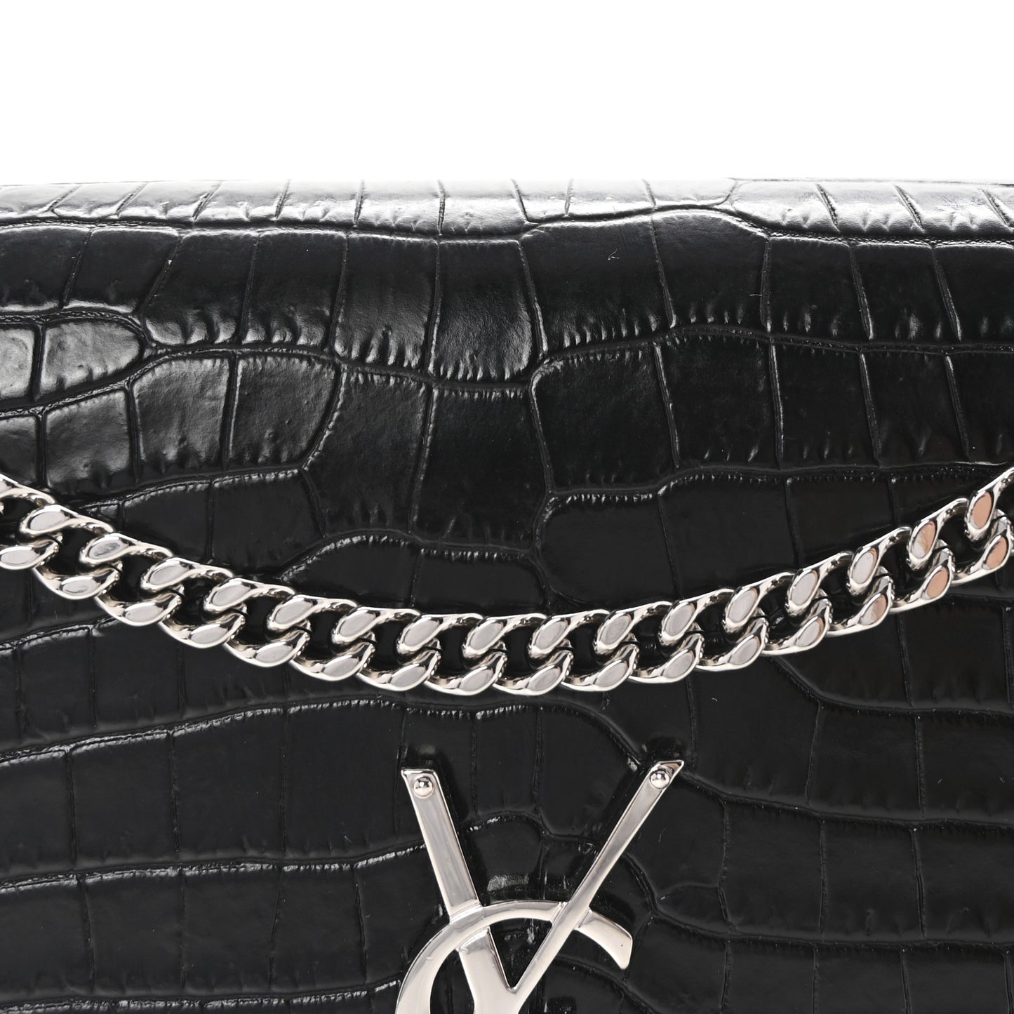 Calfskin Crocodile Embossed Medium Classic Monogram Kate Tassel Satchel Black