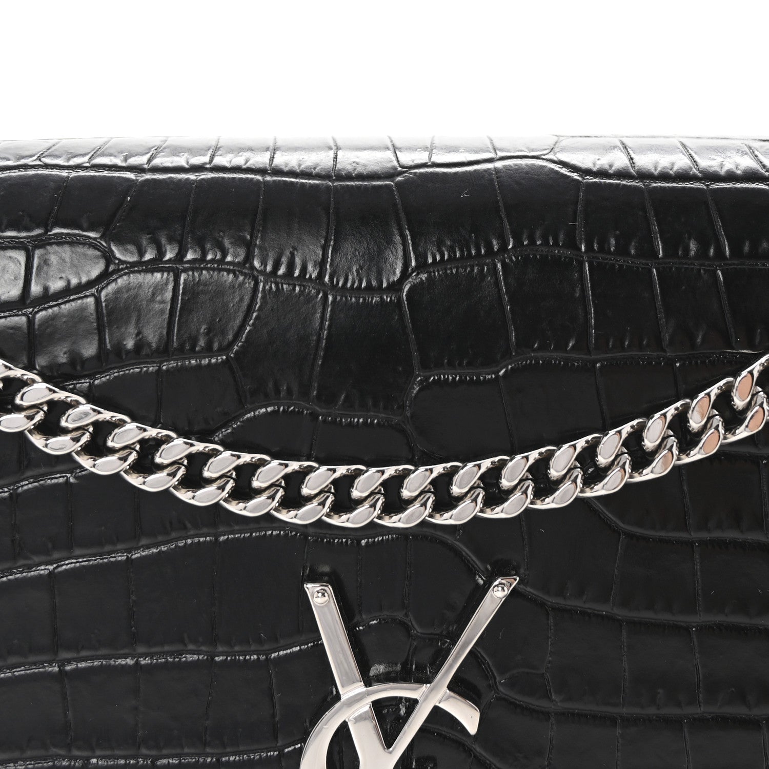 Saint Laurent Calfskin Crocodile Embossed Medium Classic Monogram Kate Tassel Satchel Black 7 of 9