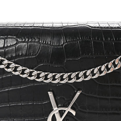 Saint Laurent Calfskin Crocodile Embossed Medium Classic Monogram Kate Tassel Satchel Black 7 of 9