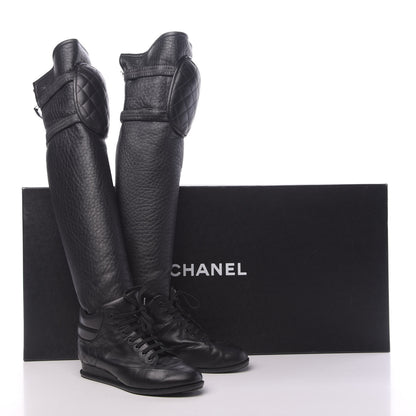 Chanel Calfskin Tumbled Lambskin Lace Up Knee High Sneaker Boots 37 Black 8 of 8