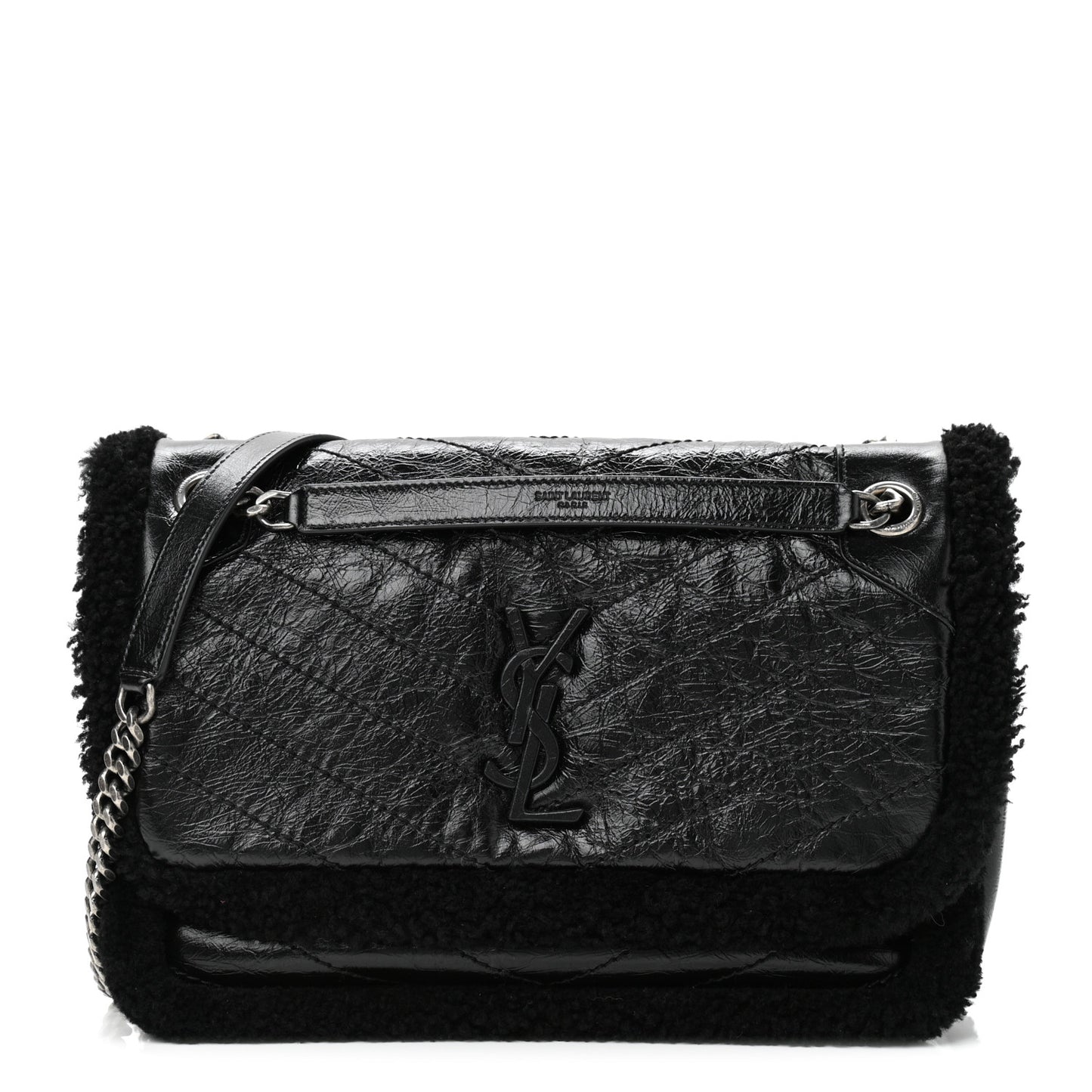 Crinkled Calfskin Shearling Monogram Medium Niki Chain Satchel Black