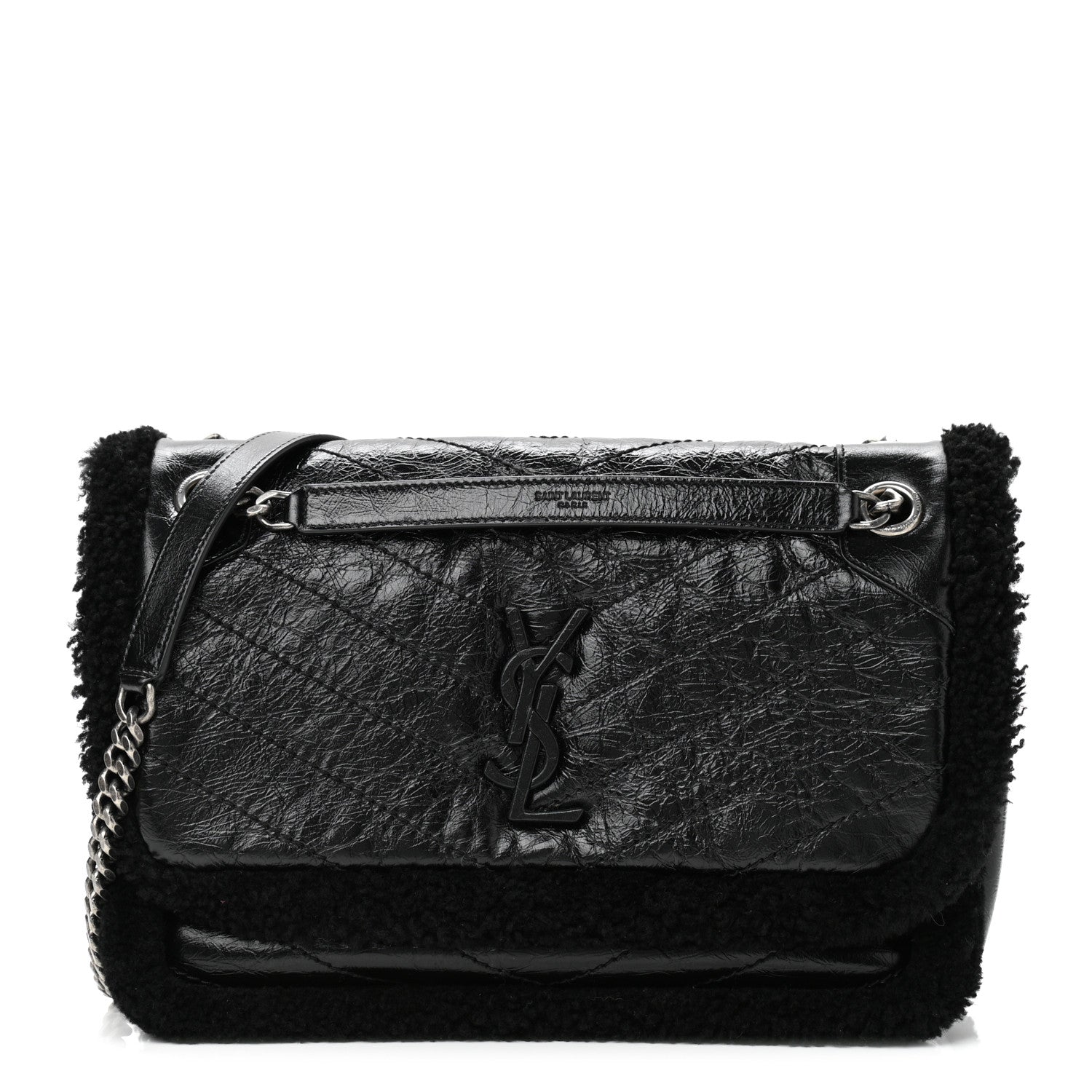 Saint Laurent Crinkled Calfskin Shearling Monogram Medium Niki Chain Satchel Black 1 of 11