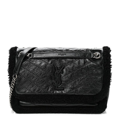 Saint Laurent Crinkled Calfskin Shearling Monogram Medium Niki Chain Satchel Black 1 of 11