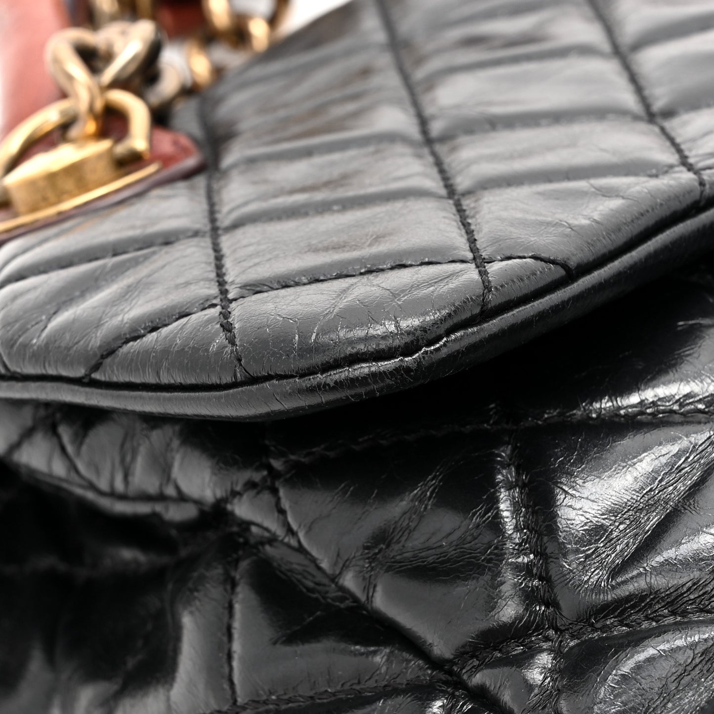 Glazed Calfskin Castle Rock Large Flap Black Burgundy