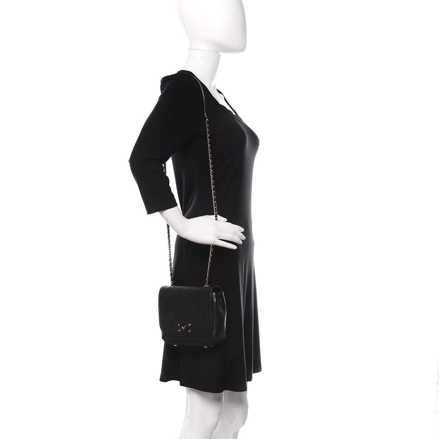 Calfskin Stitched Small Covered CC Flap Bag Black