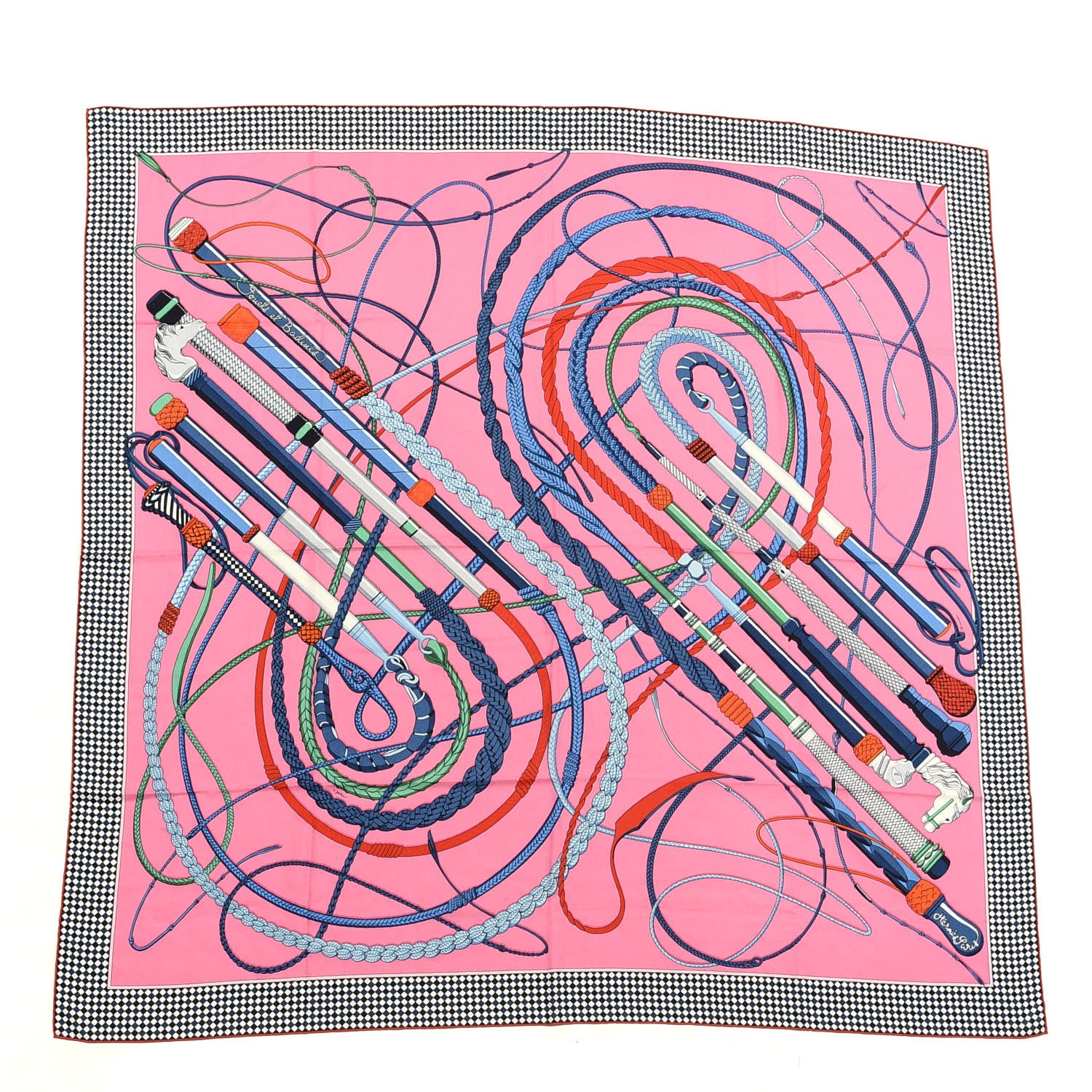 Hermes Silk Cashmere Fouets Et Badines Bandana Shawl 140 Rose Vif Bleu Rouge 1 of 4