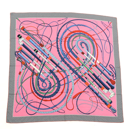 Hermes Silk Cashmere Fouets Et Badines Bandana Shawl 140 Rose Vif Bleu Rouge 1 of 4