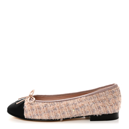 Chanel Glittered Tweed Grosgrain Cap Toe Ballet Flats 38 Pink Beige Ecru Black 1 of 9