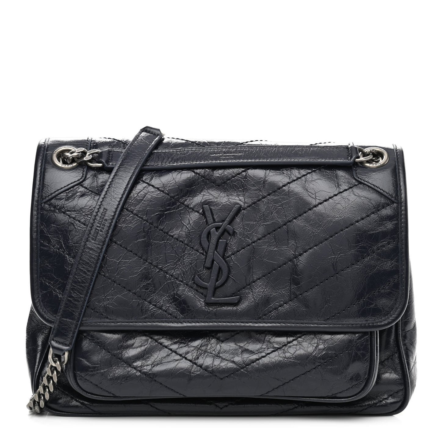 Crinkled Calfskin Matelasse Monogram Medium Niki Chain Satchel Deep Marine