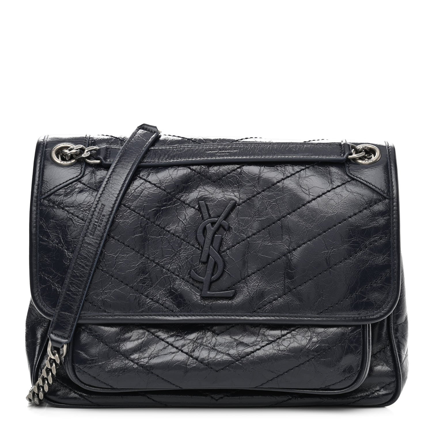 Saint Laurent Crinkled Calfskin Matelasse Monogram Medium Niki Chain Satchel Deep Marine 1 of 11