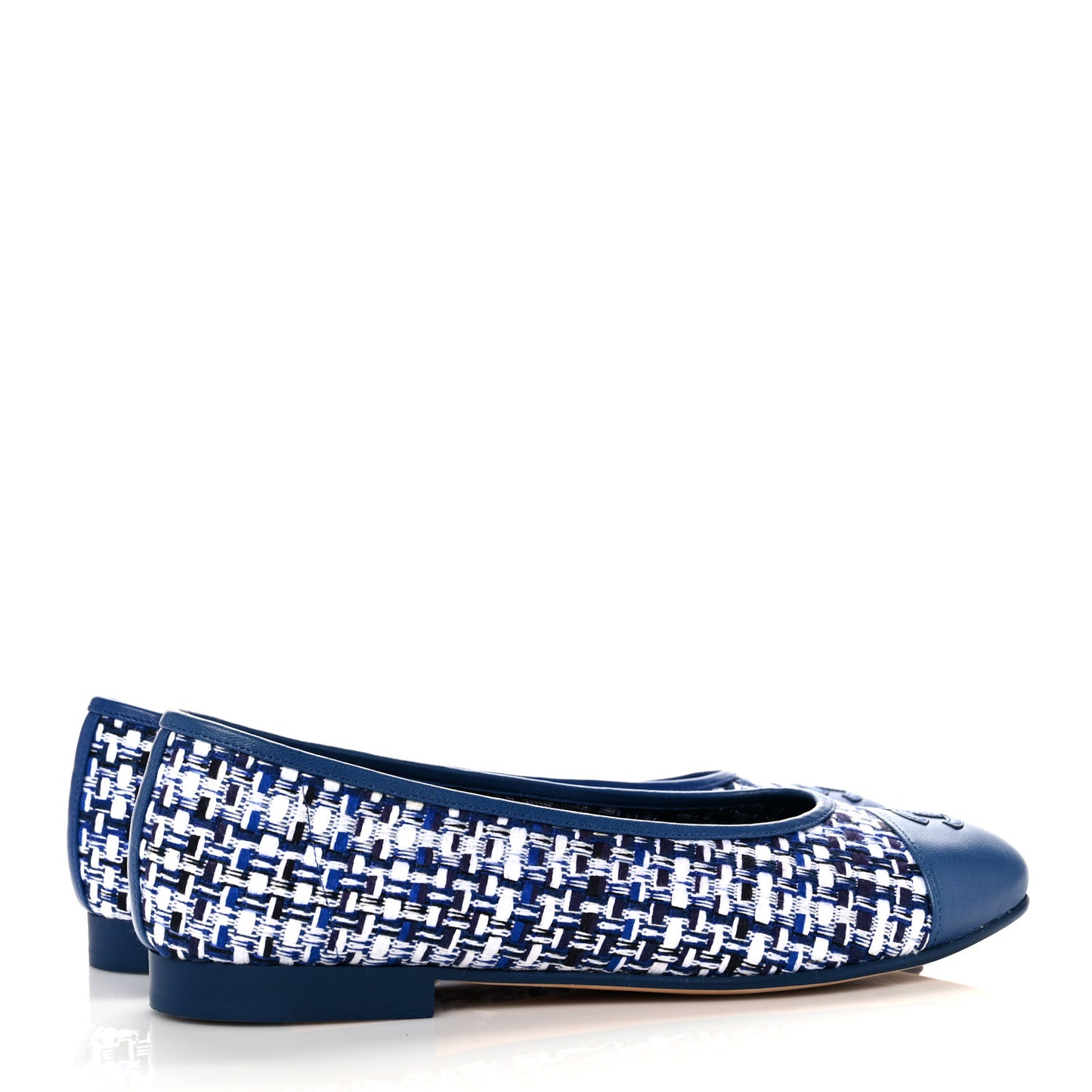 Tweed Lambskin CC Cap Toe Ballerina Flats 37.5 White Blue