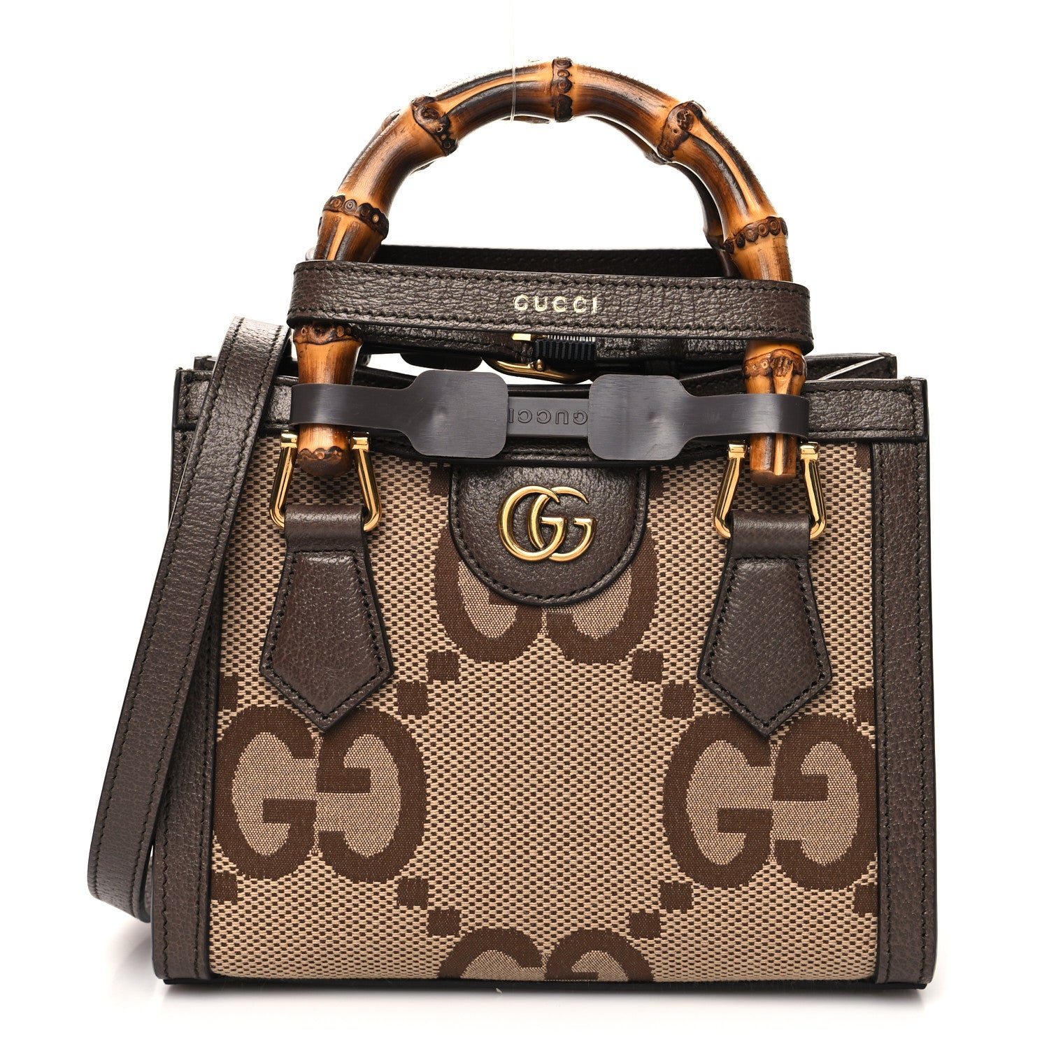 Gucci Monogram Jumbo GG Textured Dollar Calfskin Mini Diana Tote Bag Camel Ebony New Acero 1 of 10