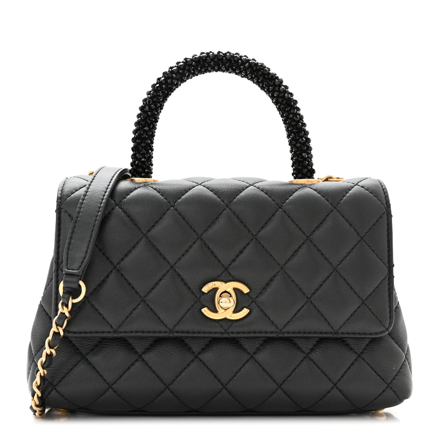 Calfskin Strass Quilted Mini Coco Handle Flap Black
