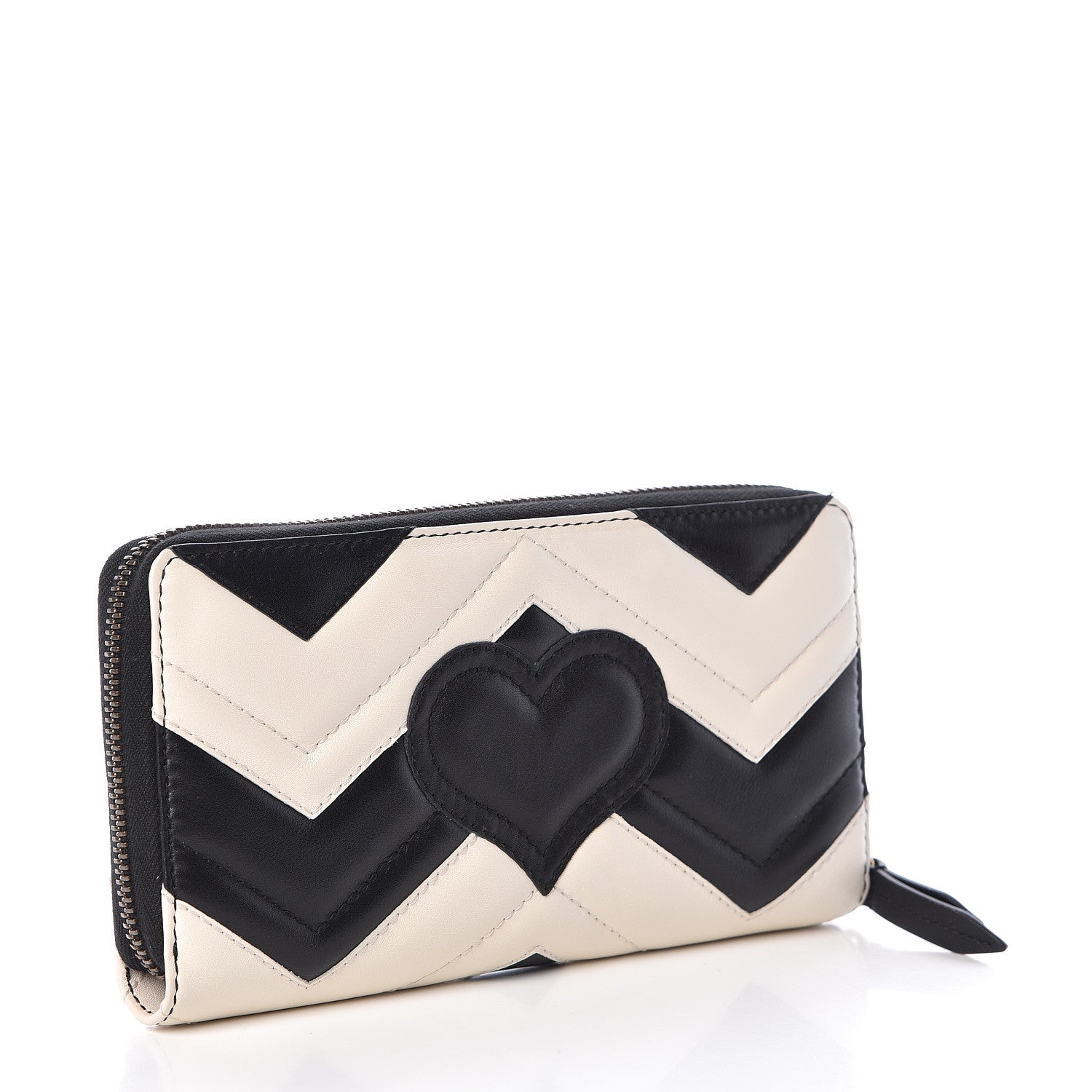 Gucci Calfskin Matelasse GG Marmont Zip Around Wallet Black White 3 of 8