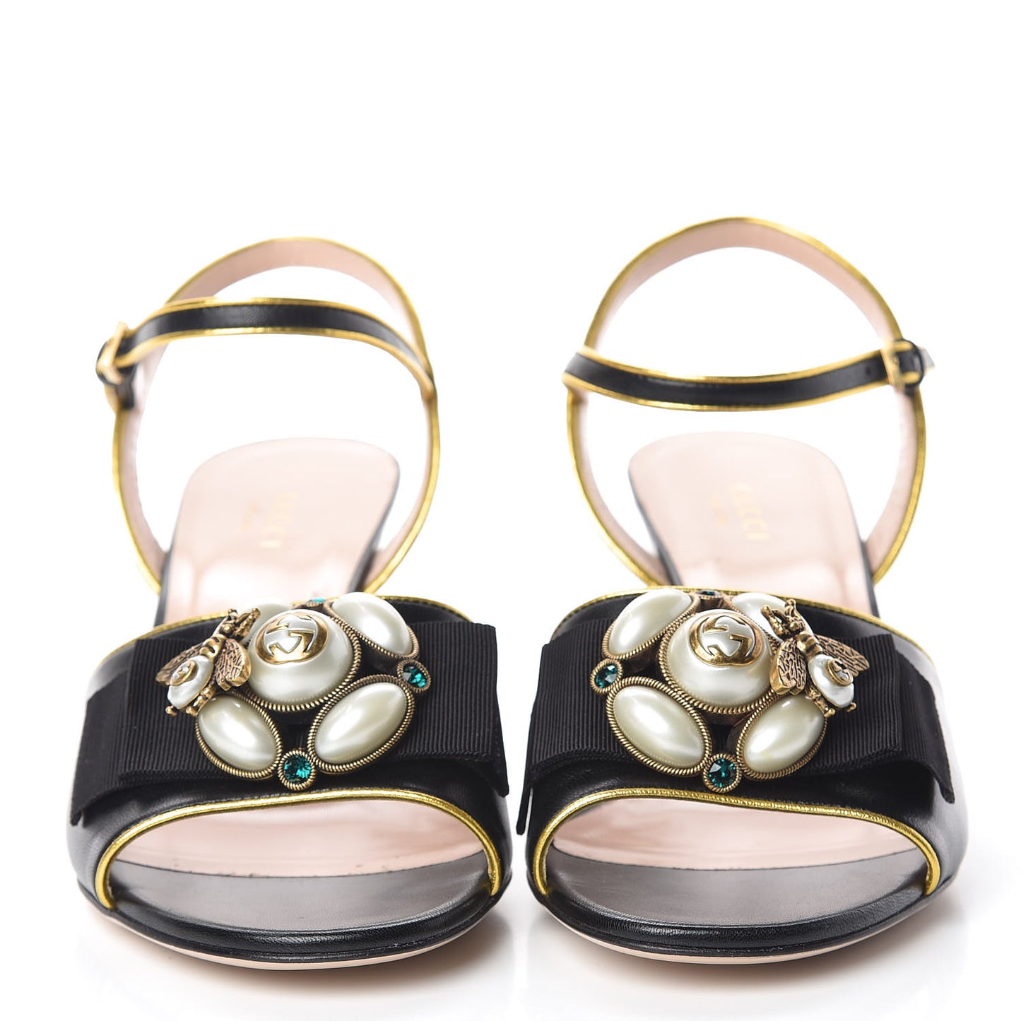 Nappa Silk Pearl Bee Embellished Mid-Heel Sandals 39 Black