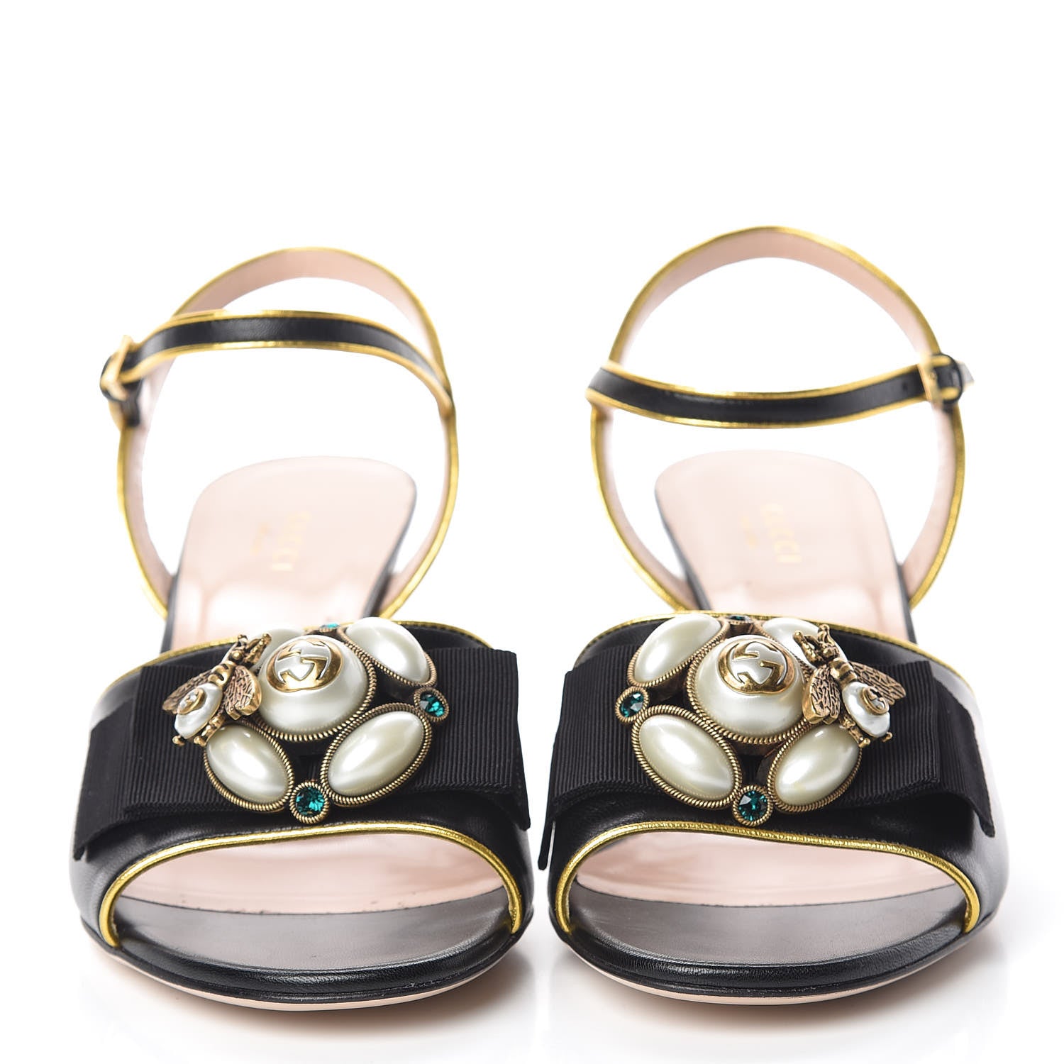 Gucci Nappa Silk Pearl Bee Embellished Mid-Heel Sandals 39 Black 2 of 12
