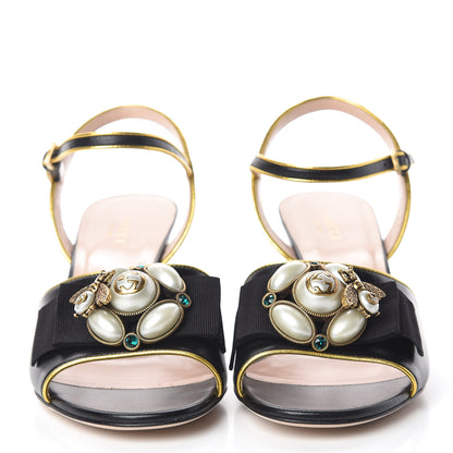 Gucci Nappa Silk Pearl Bee Embellished Mid-Heel Sandals 39 Black 2 of 12