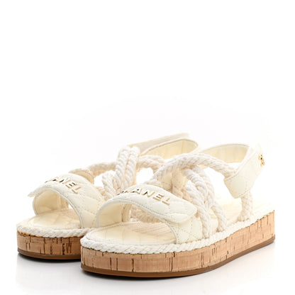 Chanel Cord Lambskin Quilted Logo Sandals 35 White 3 of 11