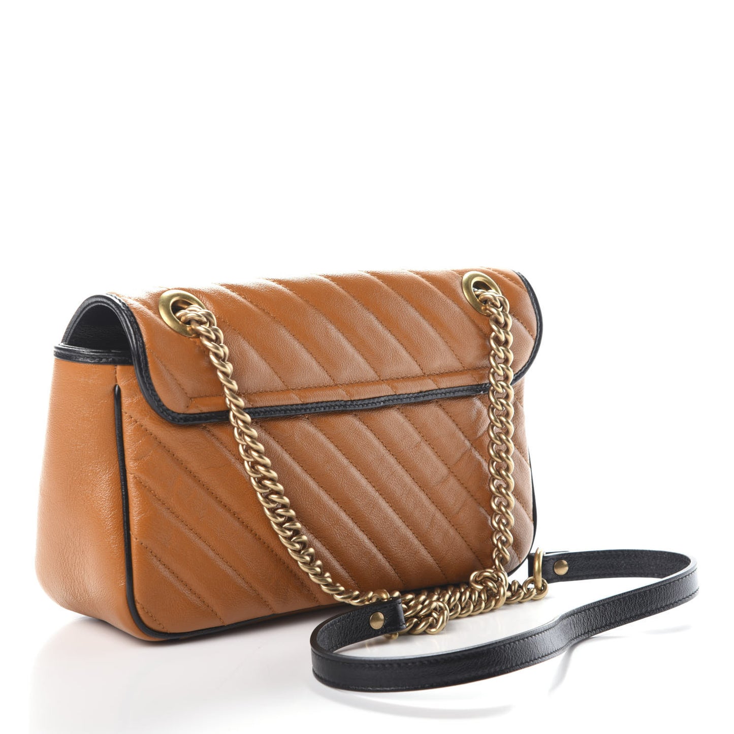 Vintage Effect Calfskin Matelasse Diagonal Small Torchon GG Marmont Shoulder Bag Cognac Black