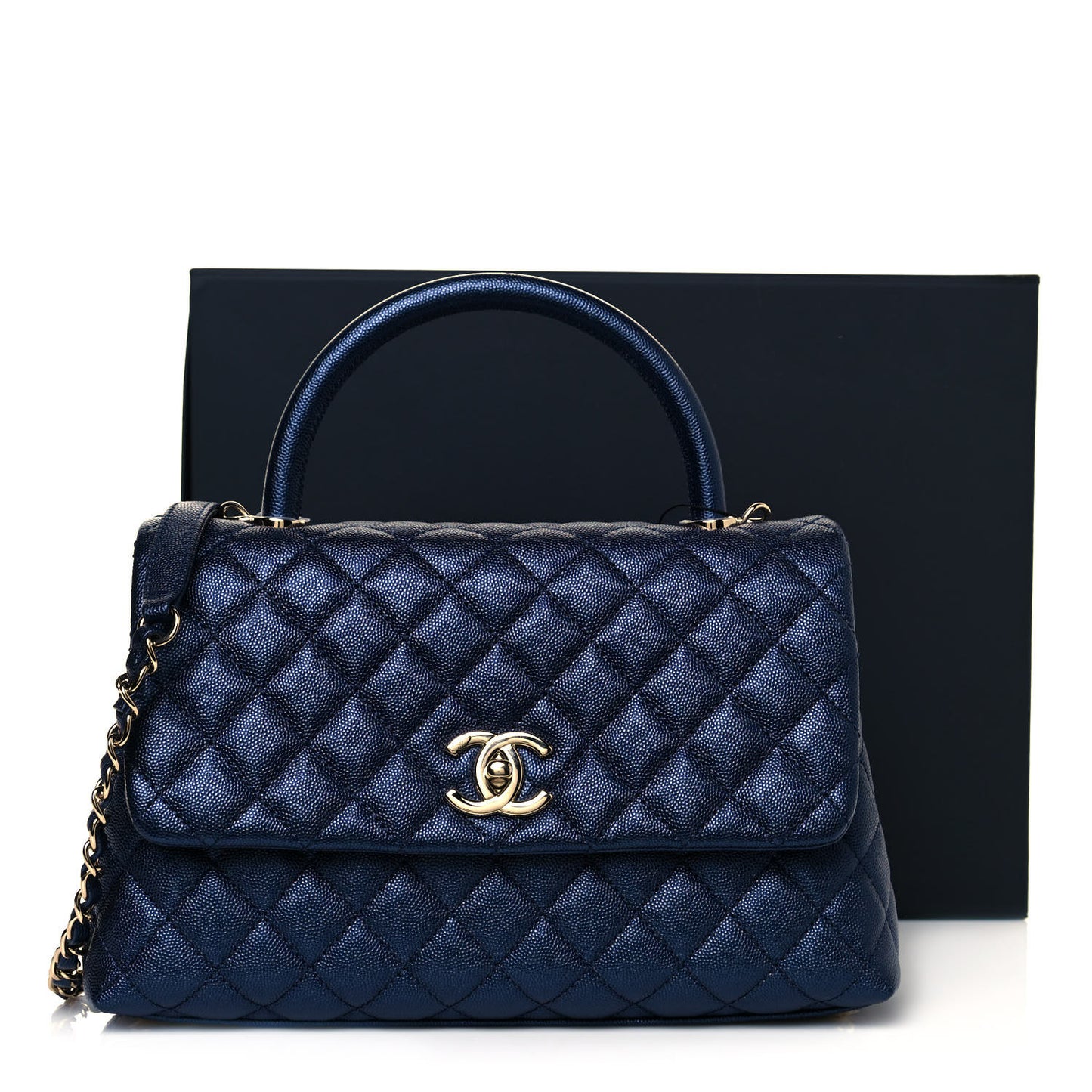 Iridescent Caviar Quilted Small Coco Handle Flap Dark Blue