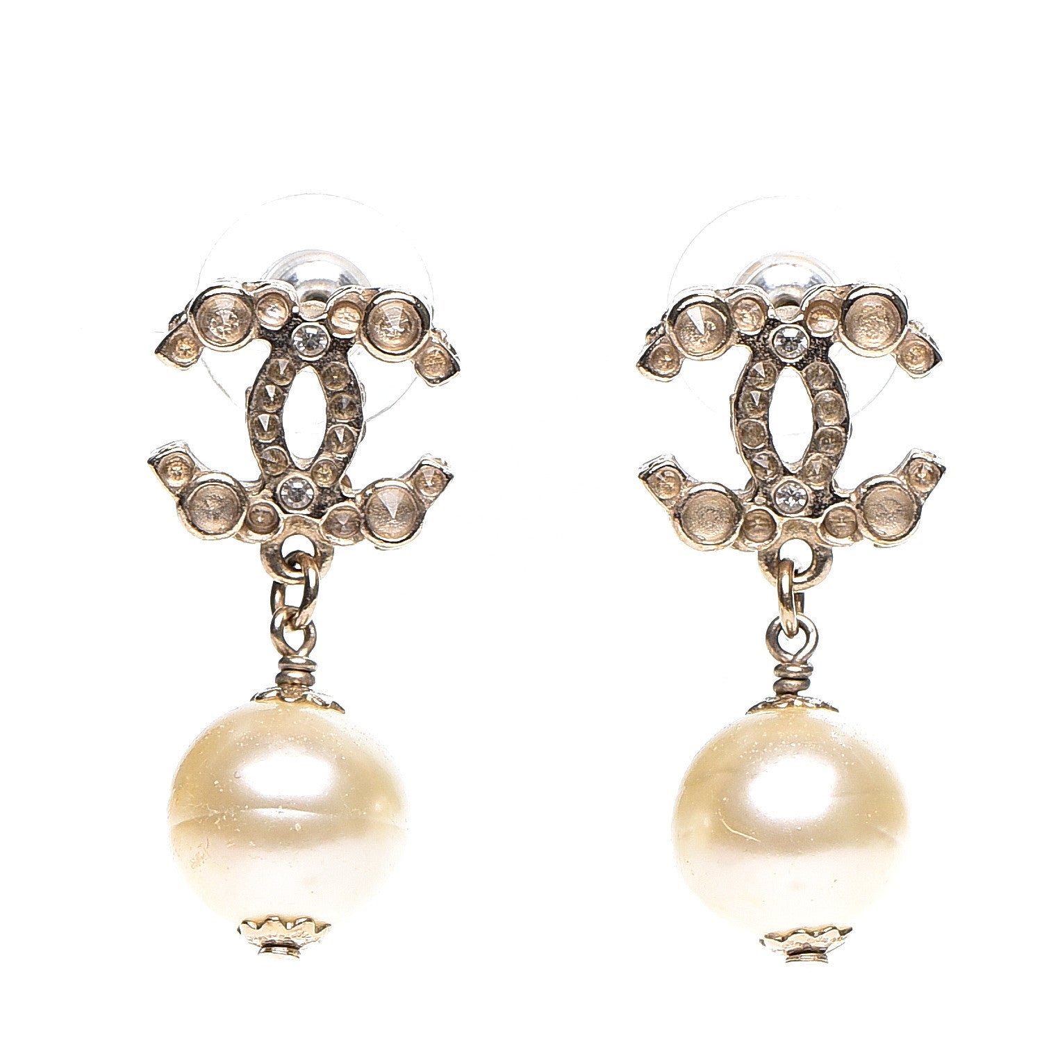 Chanel Crystal Pearl CC Drop Earrings Gold 1 of 4