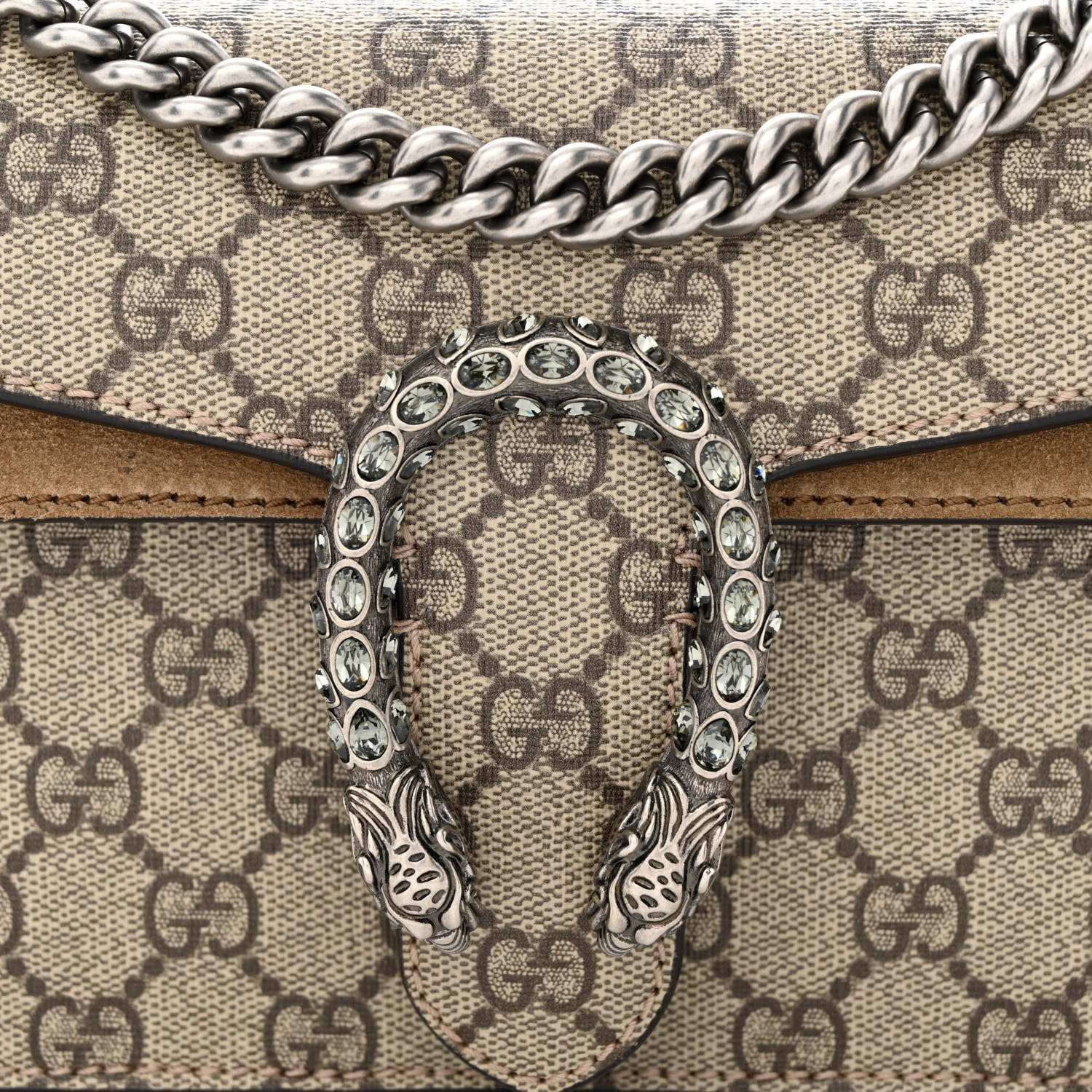 Gucci GG Supreme Monogram Suede Crystal Small Dionysus Shoulder Bag Beige Ebony Taupe 8 of 15