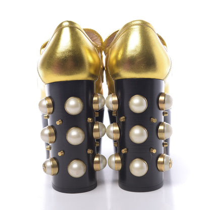 Gucci Malaga Kid Pearl Studded Vegas Platform Loafers 38.5 Gold 5 of 11