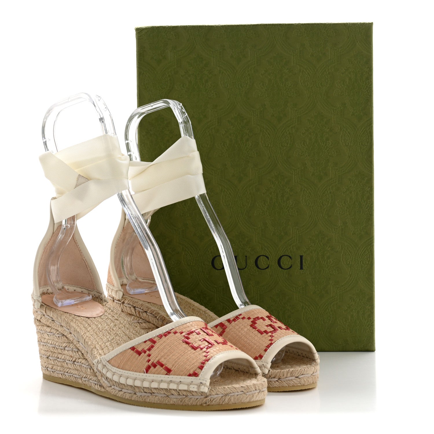Gucci GG Raffia Monogram Ankle Wrap Platform Espadrille Wedge Sandals 38.5 Beige 10 of 10