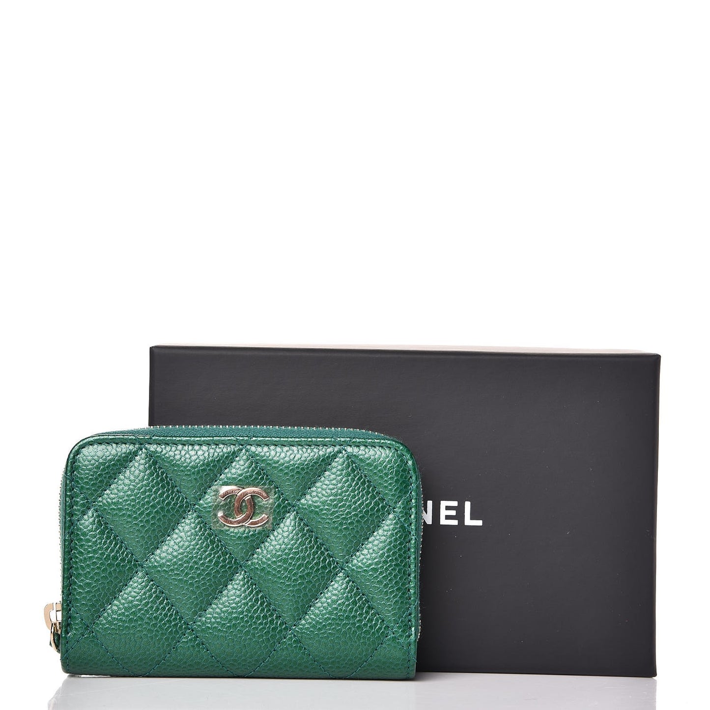 Metallic Caviar Quilted Zip Coin Purse Green