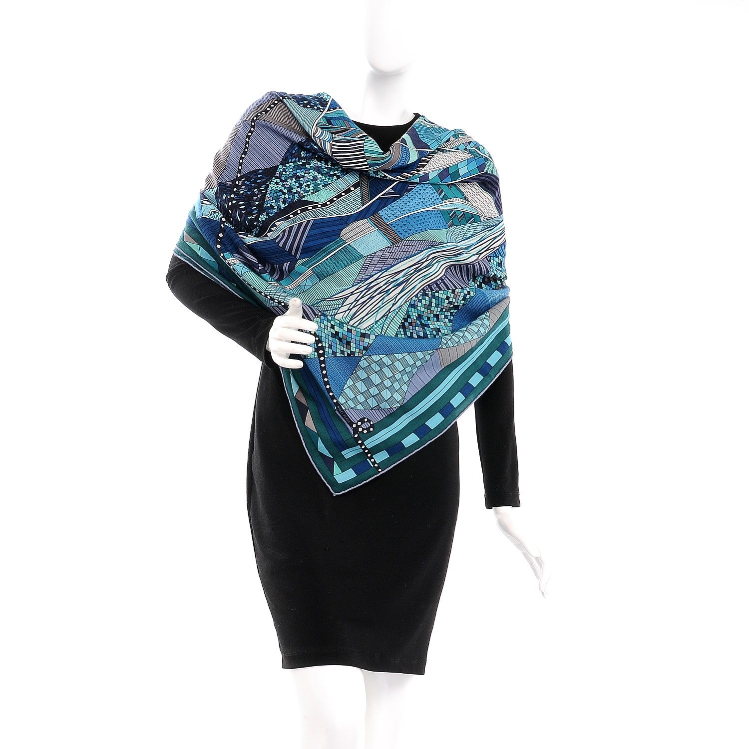 Hermes Cashmere Silk Patchwork Horse Shawl 140 Turquoise Vert Bleu 2 of 4