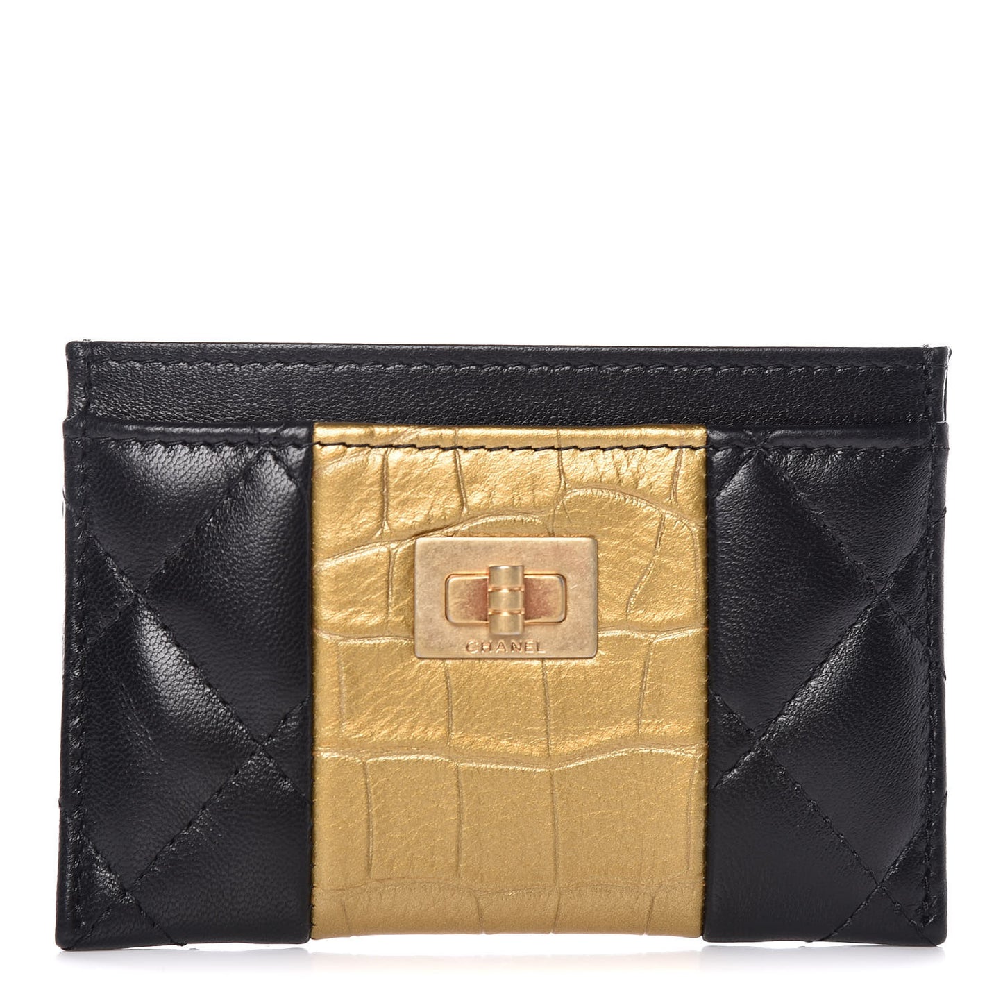Lambskin Quilted Crocodile Embossed Reissue Card Holder Black Gold
