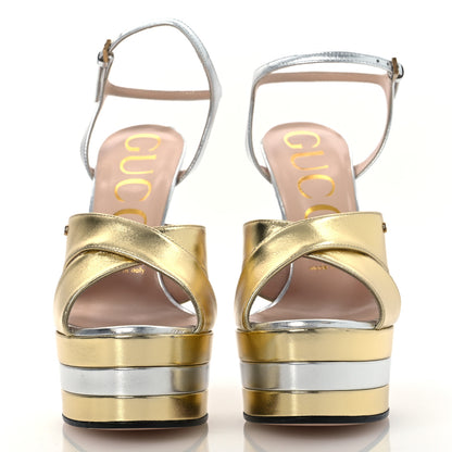 Gucci Metallic Nappa Double G 40/135mm Platform Sandals 37.5 Gold Silver 3 of 12