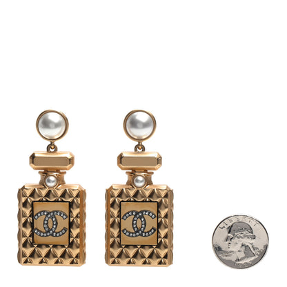 Chanel Crystal Pearl CC Perfume Bottle Drop Earrings Gold 2 of 5