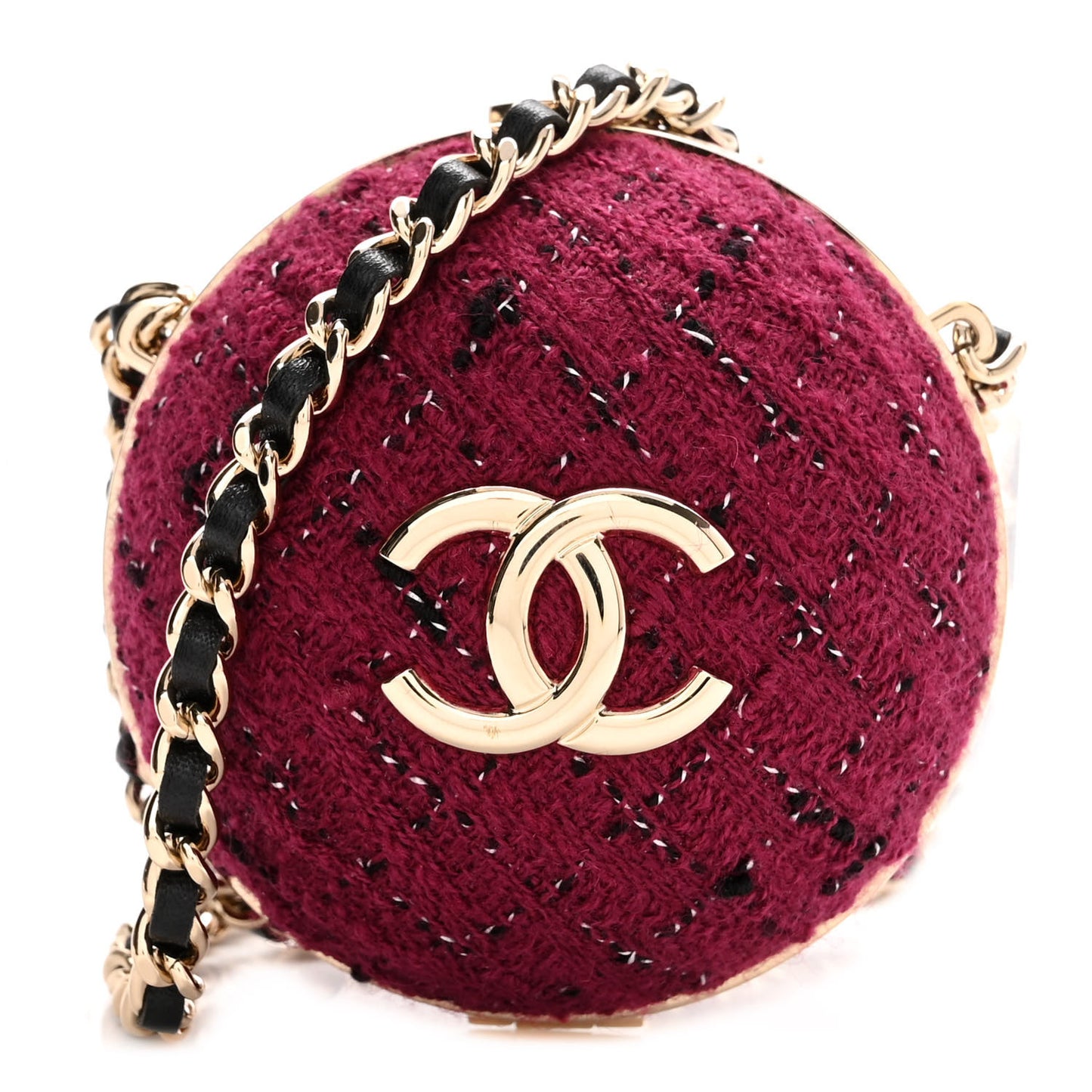 Tweed Minaudiere Round Chain Clutch Burgundy Black