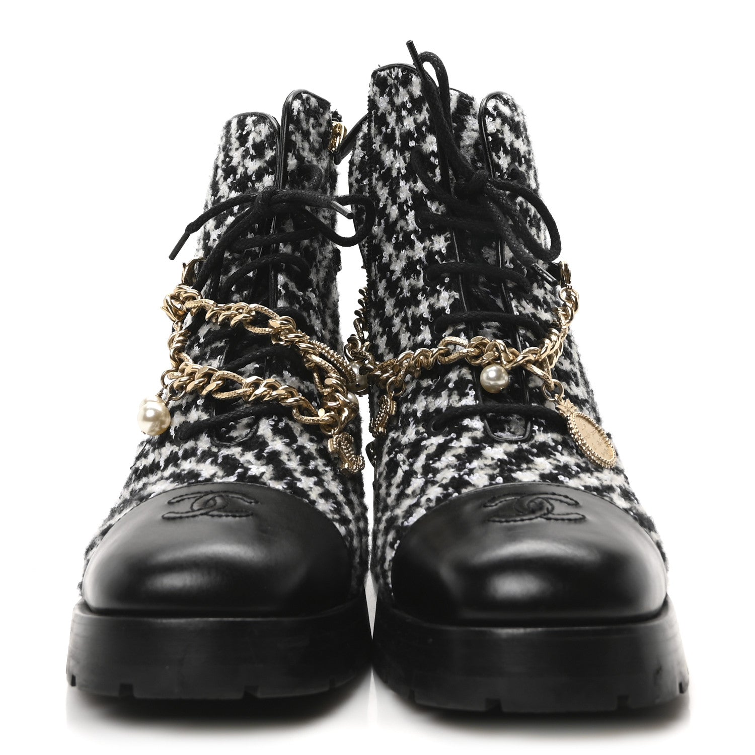 Chanel Wool Tweed Calfskin Chain Lace Up Combat Boots 40 Black White 3 of 11