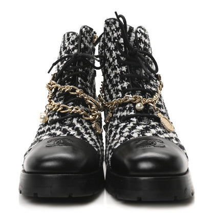 Chanel Wool Tweed Calfskin Chain Lace Up Combat Boots 40 Black White 3 of 11