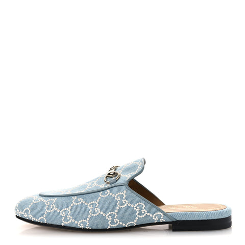 GG Denim Monogram Pearl Womens Princetown Slippers 37 Light Blue