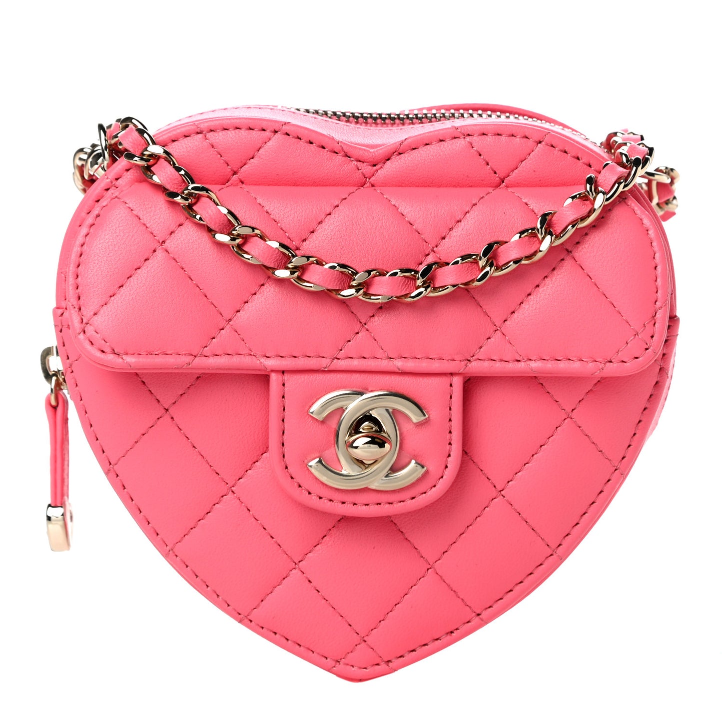 Lambskin Quilted CC In Love Heart Clutch With Chain Pink