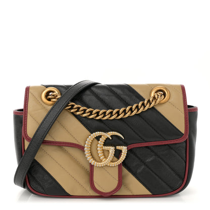 Gucci Vintage Effect Calfskin Matelasse Diagonal Striped Mini Torchon GG Marmont Shoulder Bag Black Beige 1 of 11