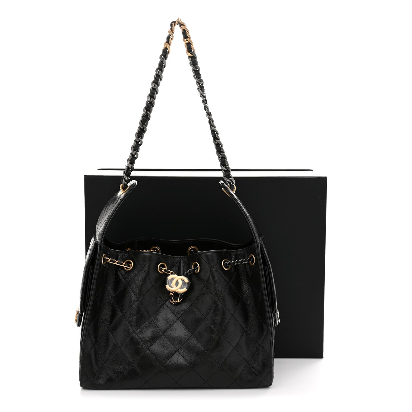 Shiny Crumpled Calfskin Quilted Small Chanel 25 Handbag Black