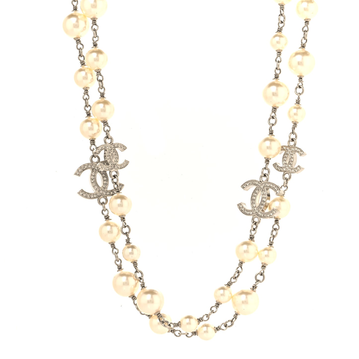 Graduated Pearl Crystal CC Long Necklace Silver