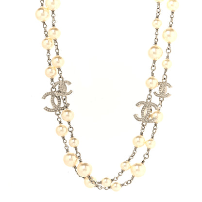 Chanel Graduated Pearl Crystal CC Long Necklace Silver 1 of 5