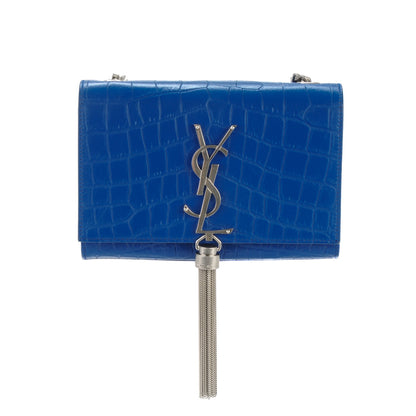 Saint Laurent Calfskin Crocodile Embossed Small Classic Monogram Tassel Satchel Blue 1 of 8