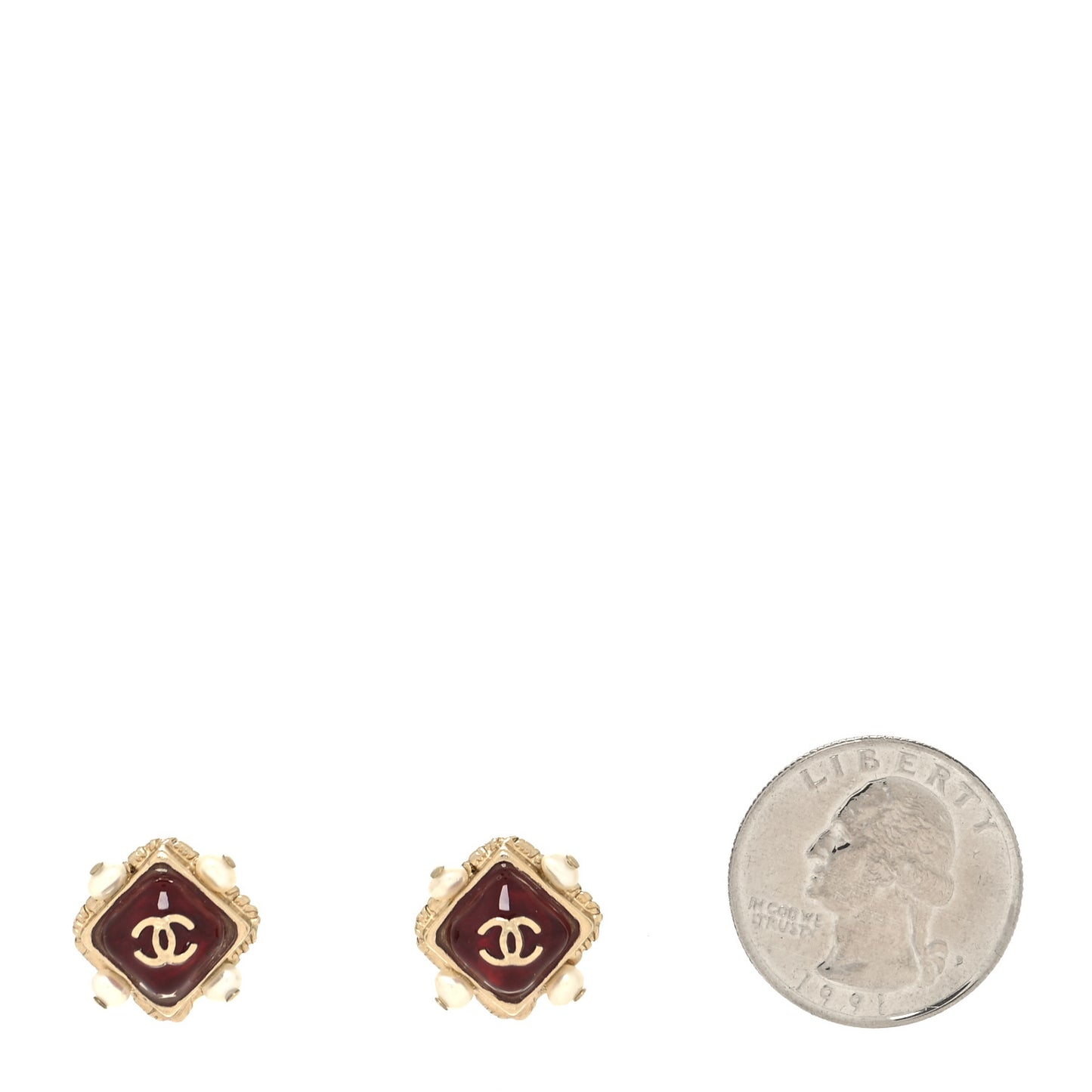 Resin Pearl Square CC Earrings Burgundy Gold