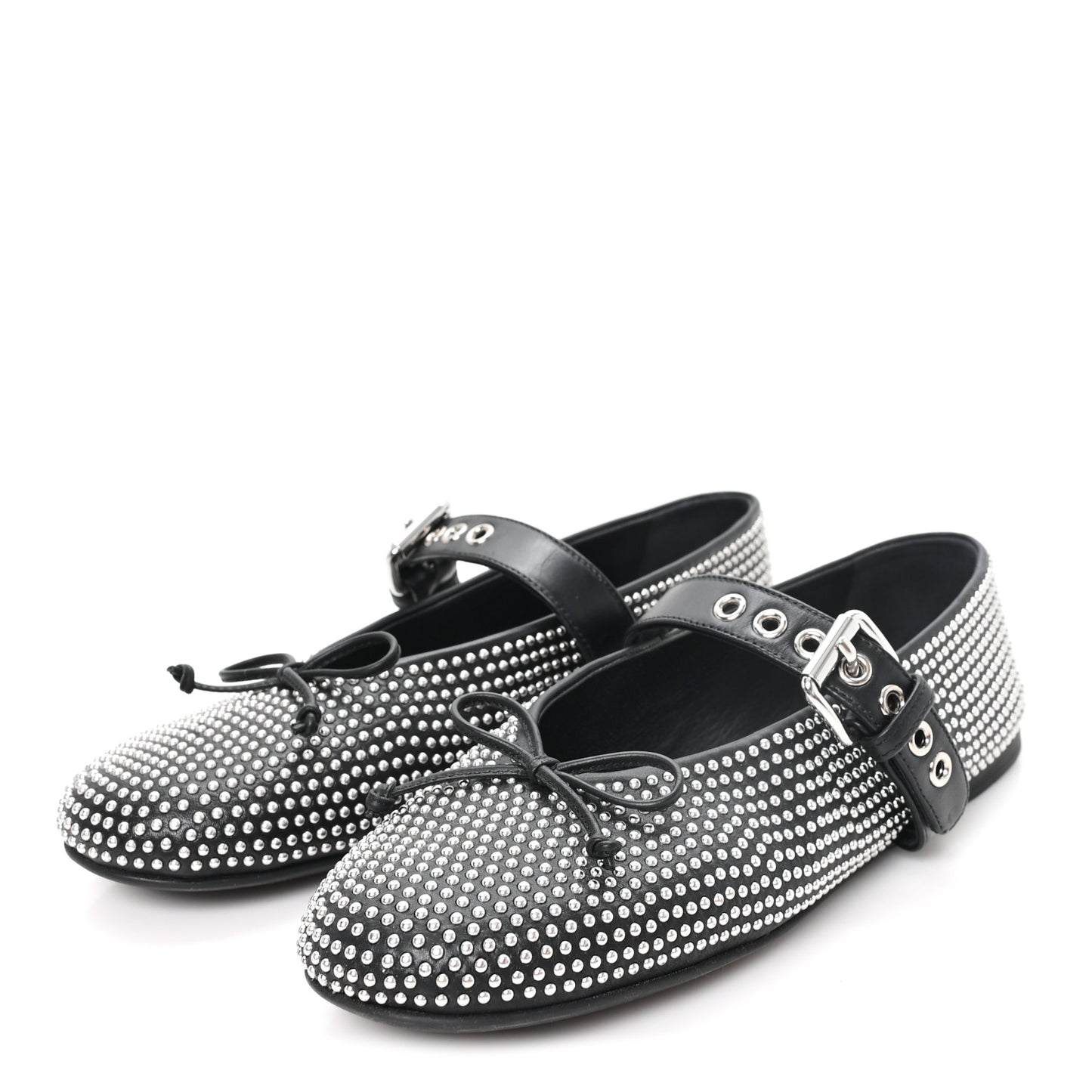 Calfskin Studded Mary Jane Ballerina Flats 36.5 Black