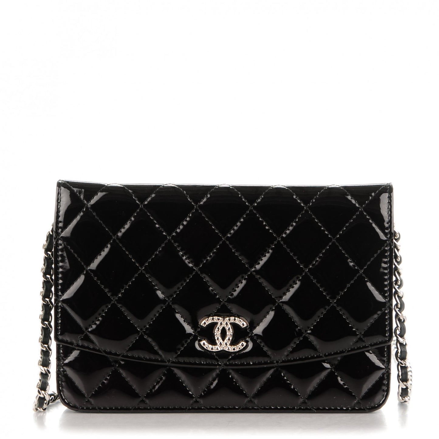Patent Quilted Brilliant Wallet On Chain WOC Black