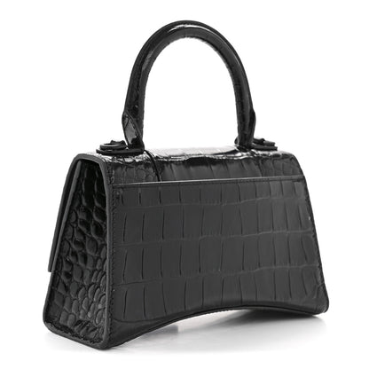 Balenciaga Shiny Calfskin Monochrome Crocodile Embossed Hourglass Top Handle Bag XS Black 3 of 15